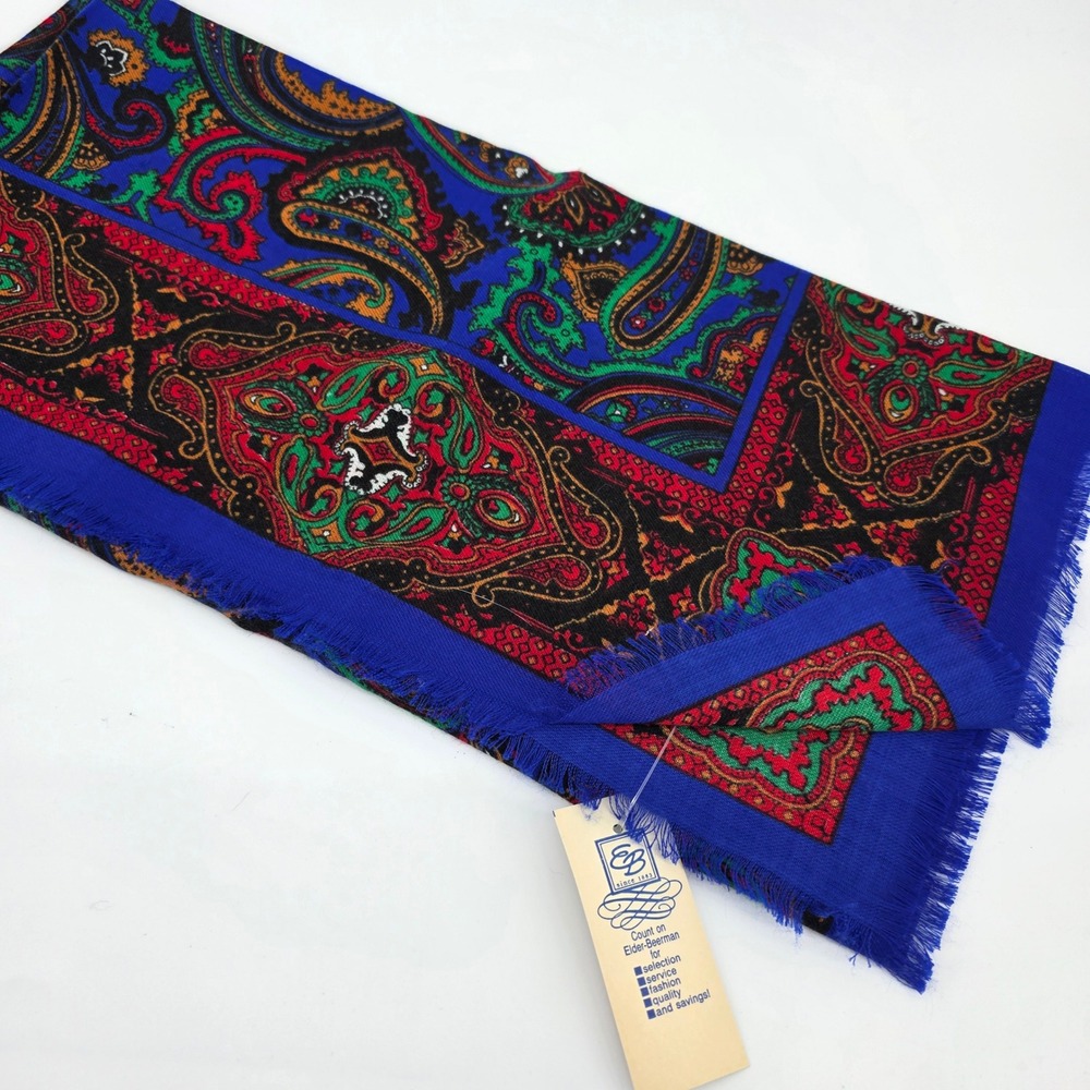 Vintage Elder-Beerman Paisley Scarf Blue Red Green Fringed Made in Japan NWT